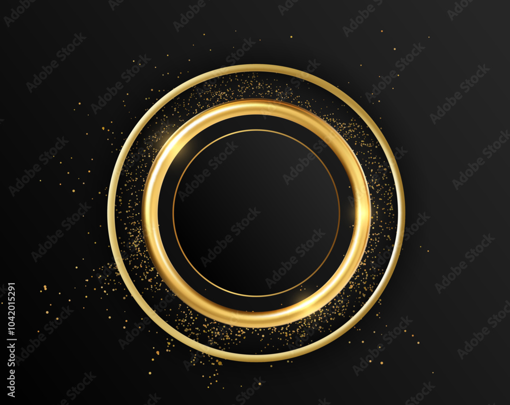Vector illustration of a round golden frame with sparkling particles on a black background. Vector illustration of a round golden frame with sparkling particles on a black background.