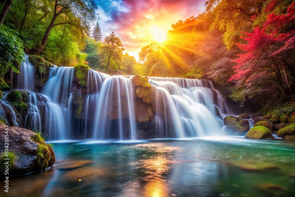 Obraz premium Serene Long Exposure Waterfall in Lush Forest Setting with Bokeh Effect for Nature Lovers