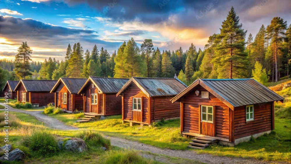 Depth of field wooden cabins in Swedish countryside Depth of field wooden cabins in Swedish countryside