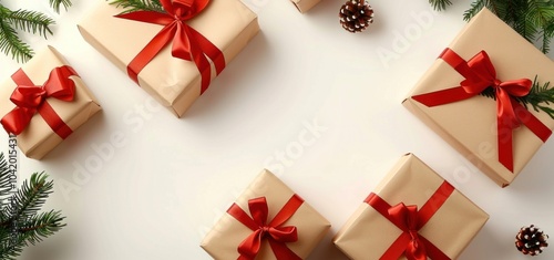 Eco-friendly gift boxes with red ribbons for festive holiday celebrations.