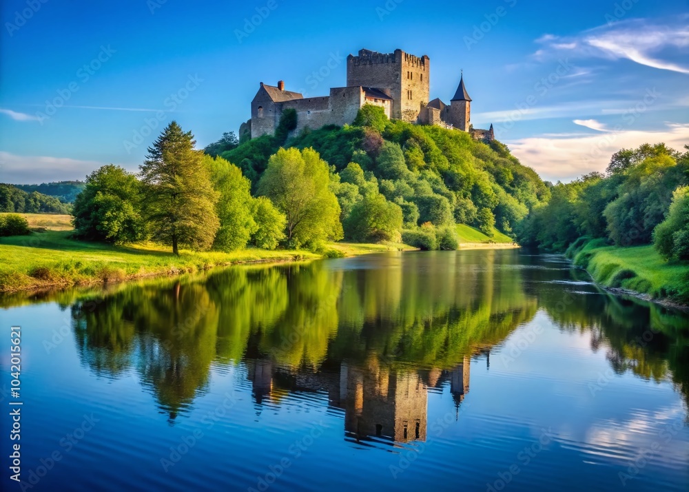 Serene Medieval Castle by the River: A Minimalist Photography Perspective Serene Medieval Castle by the River: A Minimalist Photography Perspective