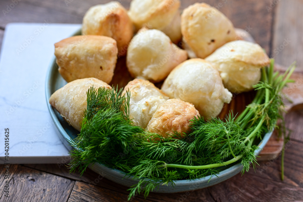 Fresh baked home made Mini cheese puff pastries.Cheese pie with phyllo pastry and herbs Fresh baked home made Mini cheese puff pastries.Cheese pie with phyllo pastry and herbs