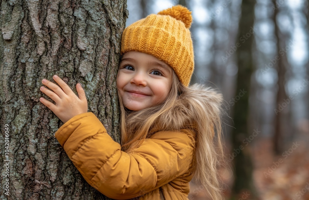 Little Girl in Autumn Jacket Hugs Tree and Smiles Little Girl in Autumn Jacket Hugs Tree and Smiles