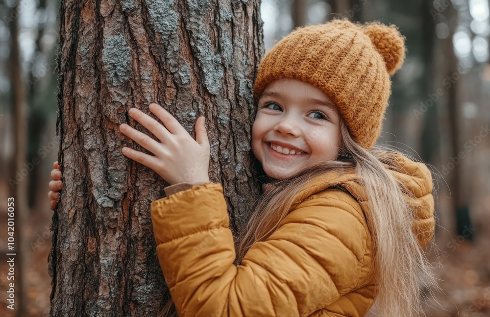 Little Girl in Autumn Jacket Hugs Tree and Smiles Little Girl in Autumn Jacket Hugs Tree and Smiles