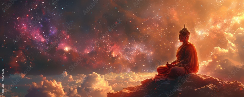 Buddha meditating on clouds under a cosmic sky, spiritual and surreal celestial scenery. Free copy space for text.