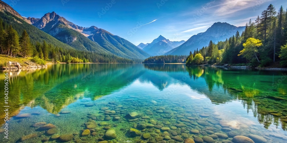 Fototapeta premium description: A beautiful tranquil mountain lake reflecting the surrounding landscape with crystal clear water