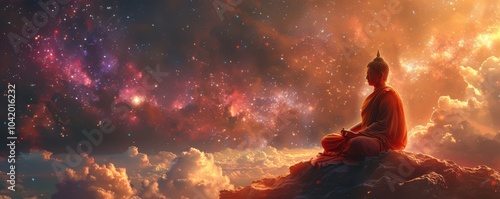 Obraz na płótnie Buddha meditating on clouds under a cosmic sky, spiritual and surreal celestial scenery. Free copy space for text. w salonie