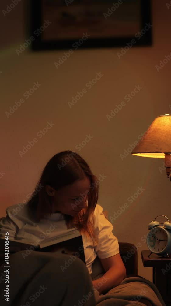 Young Woman Struggles to Stay Awake While Read Book in Bed at Night, Fighting Off Tiredness and Drowsiness. Vertical Video Young Woman Struggles to Stay Awake While Read Book in Bed at Night, Fighting Off Tiredness and Drowsiness. Vertical Video