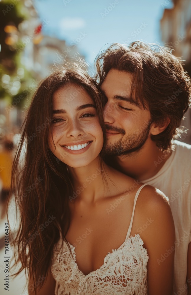 Happy couple in love, man kissing woman's cheek in city center Happy couple in love, man kissing woman's cheek in city center