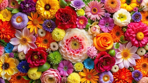 Colorful bouquet of flowers reflected in the background, creating a stunning texture of blossoming flowers