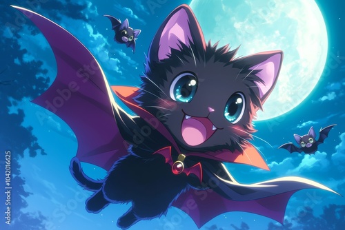 Cute Vampire Cat Flying Under The Full Moon.