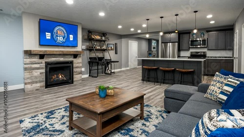 A modern basement living room features a fireplace, flat screen TV, and a large sectional couch with throw pillows