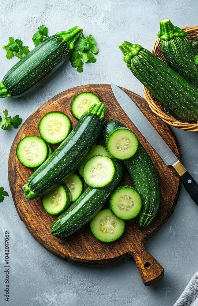 Sliced zucchini with knife on wooden board, top view Sliced zucchini with knife on wooden board, top view
