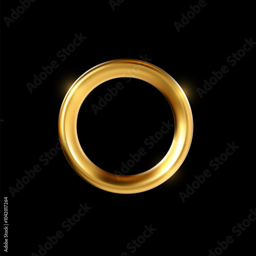 Gold ring frame vector 3d illustration, round golden sparkling border isolated on black background, circle blank space