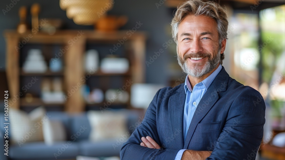 A confident and smiling gentleman in a professional setting, wearing a suit, stands with arms crossed against a blurred background of modern furnishings, conveying success and approachability A confident and smiling gentleman in a professional setting, wearing a suit, stands with arms crossed against a blurred background of modern furnishings, conveying success and approachability