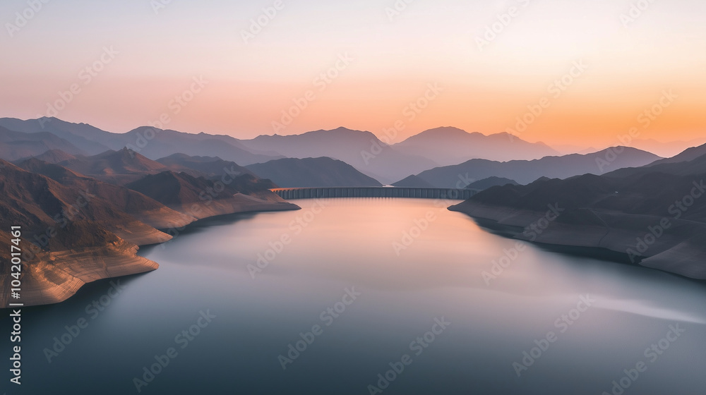 Panoramic View of Reservoir and Dam Surrounded by Mountains at Sunrise Panoramic View of Reservoir and Dam Surrounded by Mountains at Sunrise