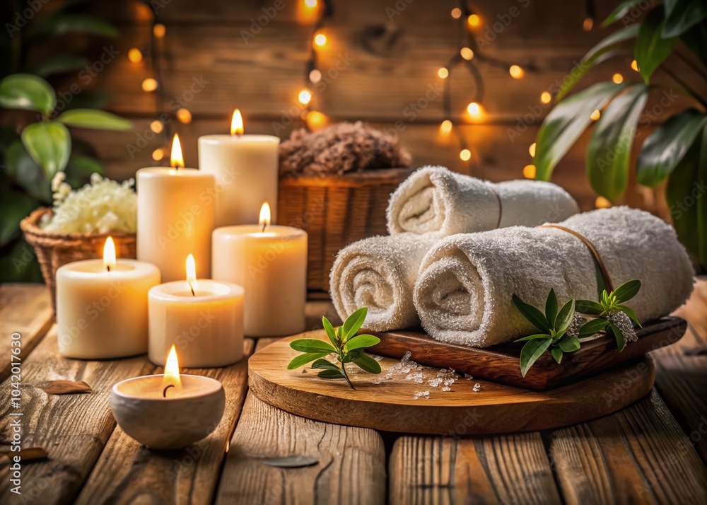 Serene Spa Setting with Towels and Candles on a Rustic Wooden Table for Relaxation and Wellness Serene Spa Setting with Towels and Candles on a Rustic Wooden Table for Relaxation and Wellness