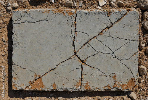 Rough concrete surface with chipped paint and exposed rebar photo