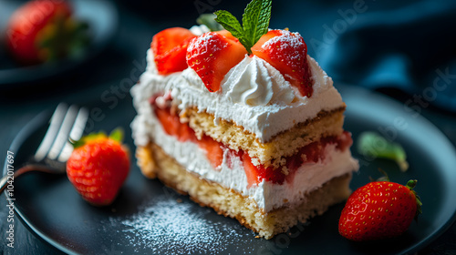 Close-Up of a Luxurious Slice of Tres Leches Cake Showcasing its Creamy Layers and Garnishes, Ideal for Dessert Lovers