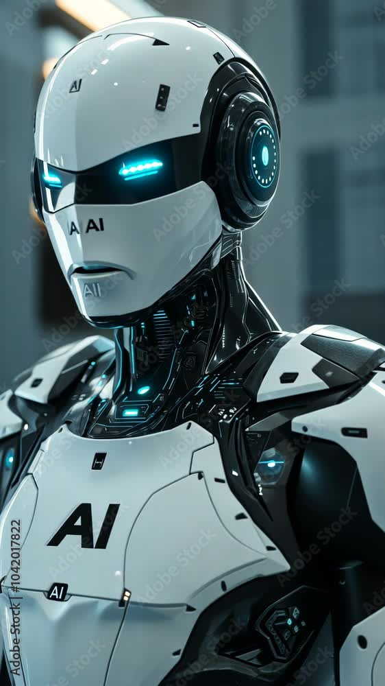 Curious humanoid robot scanning its surroundings with glowing blue eyes Curious humanoid robot scanning its surroundings with glowing blue eyes