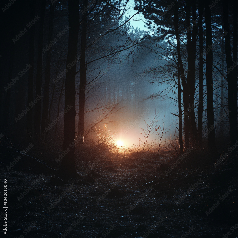 A warm and inviting light illuminates the dense misty forest as night approaches, casting a serene and magical glow that envelopes the surrounding landscape in warmth. A warm and inviting light illuminates the dense misty forest as night approaches, casting a serene and magical glow that envelopes the surrounding landscape in warmth.