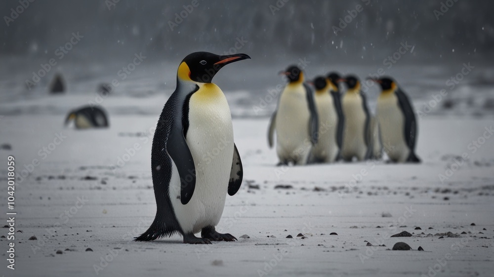 Fototapeta premium A lone emperor penguin stands on a snowy landscape, facing a large group of penguins in the distance. Snowflakes gently fall around the penguin, creating a soft, wintery atmosphere.