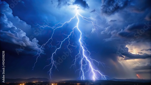 Description: A lightning bolt striking through the night sky from a high angle view