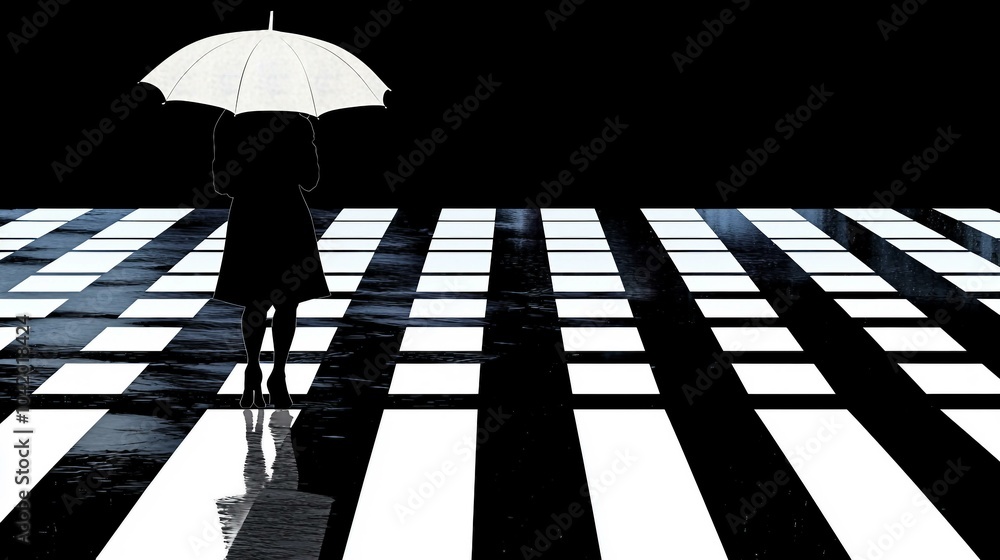 A Striking Monochrome Scene of a Silhouette with an Umbrella in a Rainy Urban Landscape A Striking Monochrome Scene of a Silhouette with an Umbrella in a Rainy Urban Landscape