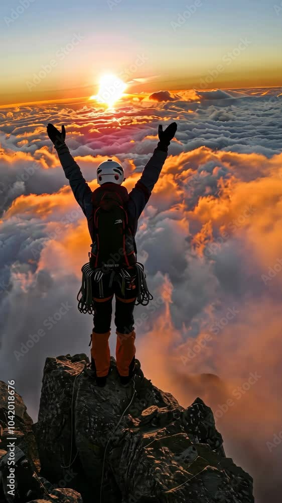 Mountaineer celebrating reaching mountain summit Mountaineer celebrating reaching mountain summit