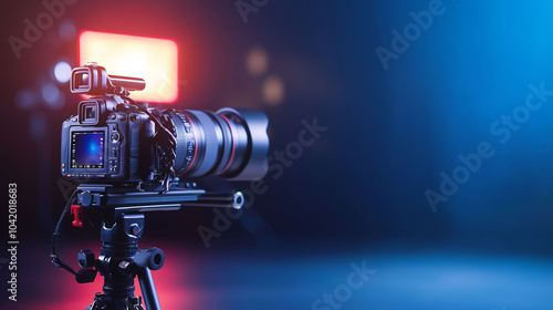 camera setup on tripod, capturing glowing screen in dimly lit environment