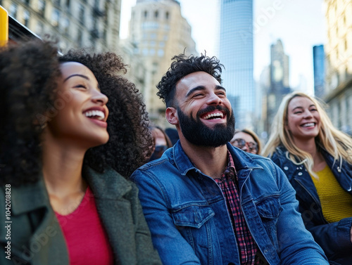 A diverse group of joyful individuals experience a vibrant open-top bus tour in a bustling cityscape, their smiles beaming under bright sunny skies and towering buildings. photo