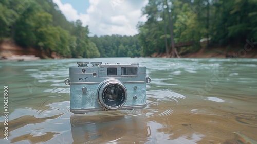 A vintage camera partially submerged in a serene river setting, surrounded by lush greenery under a blue sky, capturing a tranquil outdoor scene photo