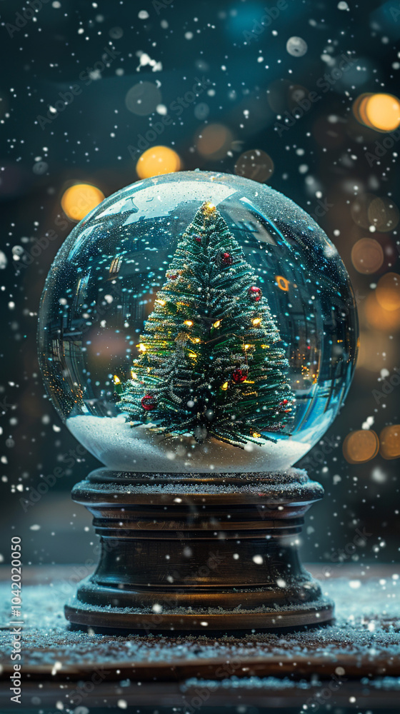 A simple snow globe with a miniature Christmas tree inside, glowing softly on a dark background with falling snow. A simple snow globe with a miniature Christmas tree inside, glowing softly on a dark background with falling snow.