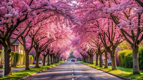 Pink cherry tree during blossom season on empty street