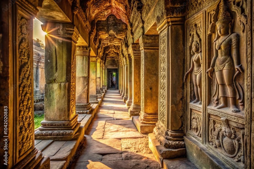 Fototapeta premium Silhouette of Ancient Temple Corridor with Stone Carvings at Angkor Wat, Siem Reap, Cambodia