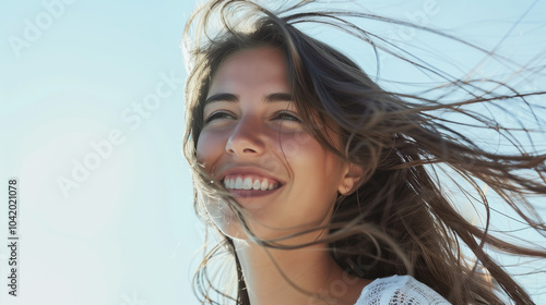 Smiling Woman with Flowing Hair at Sunset