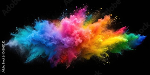 Colorful chalk explosion dust cloud isolated on black background