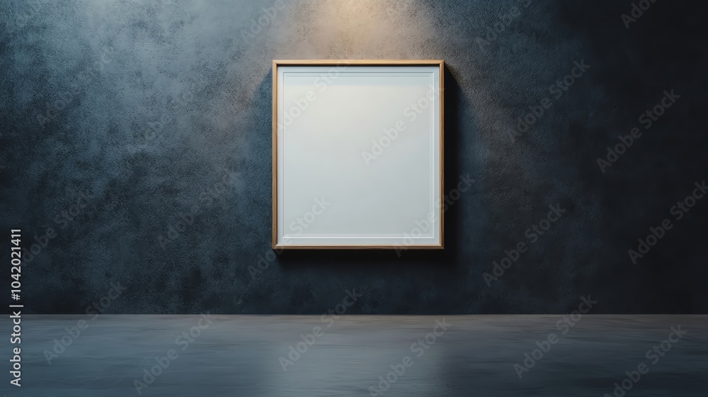 Empty frame mockup on a textured dark wall, illuminated by an intense spotlight, gallerylike atmosphere Empty frame mockup on a textured dark wall, illuminated by an intense spotlight, gallerylike atmosphere