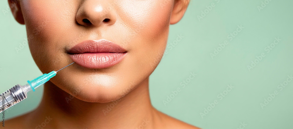 Close-up of a young adult caucasian woman’s lips receiving cosmetic filler injection with a syringe and needle, a beauty and dermatology treatment procedure in a professional clinic setting Close-up of a young adult caucasian woman’s lips receiving cosmetic filler injection with a syringe and needle, a beauty and dermatology treatment procedure in a professional clinic setting