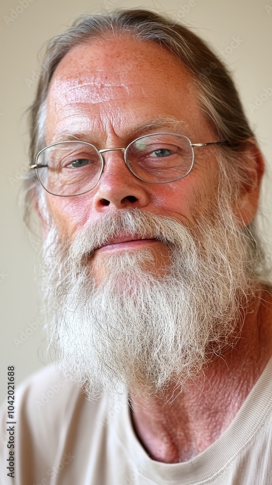 A thoughtful man with a long beard poses for a portrait in a warm, natural setting A thoughtful man with a long beard poses for a portrait in a warm, natural setting