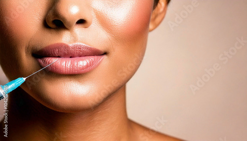 Close-up of a young adult caucasian woman’s lips receiving cosmetic filler injection with a syringe and needle, a beauty and dermatology treatment procedure in a professional clinic setting