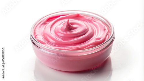 Pink cosmetic body butter on white background