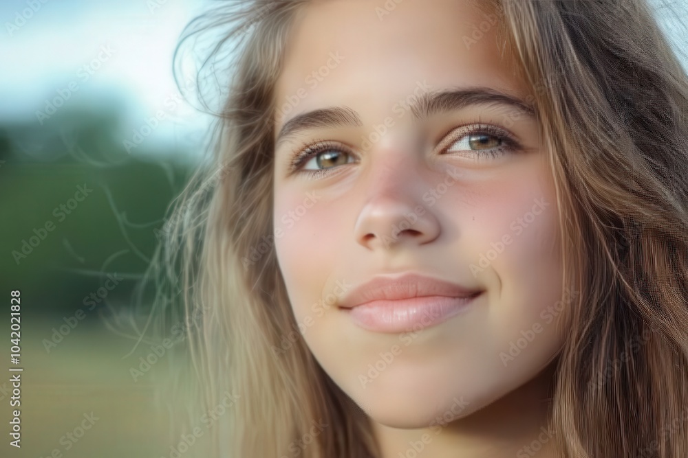 A serene portrait of a young girl with long hair standing confidently in a natural setting A serene portrait of a young girl with long hair standing confidently in a natural setting