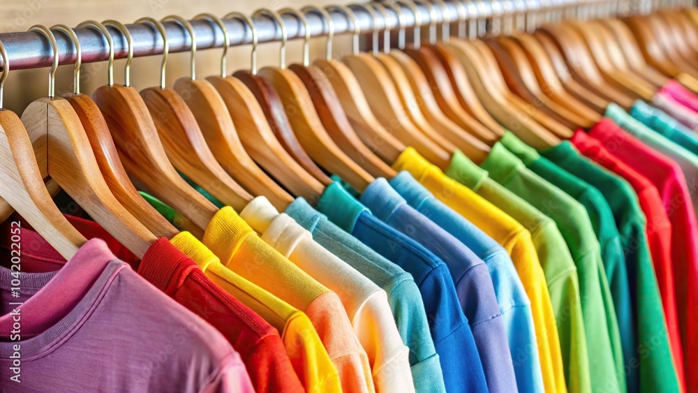 Colorful clothing on cotton fabric hangers Extreme Close-Up Colorful clothing on cotton fabric hangers Extreme Close-Up