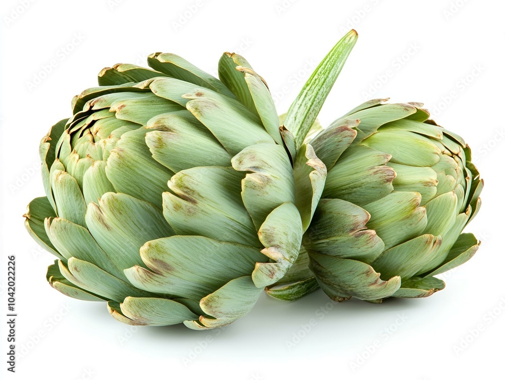 Fototapeta premium Isolated green and purple artichoke flower on white background.