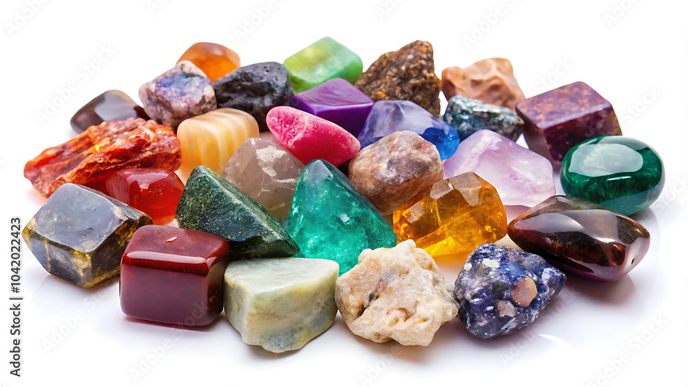 A variety of raw gemstones, glimmering against a plain white background A variety of raw gemstones, glimmering against a plain white background