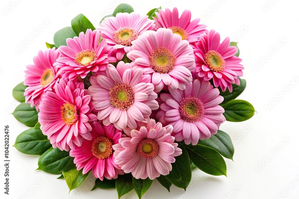 Pink daisy bouquet with green leaves against a white background high angle Pink daisy bouquet with green leaves against a white background high angle