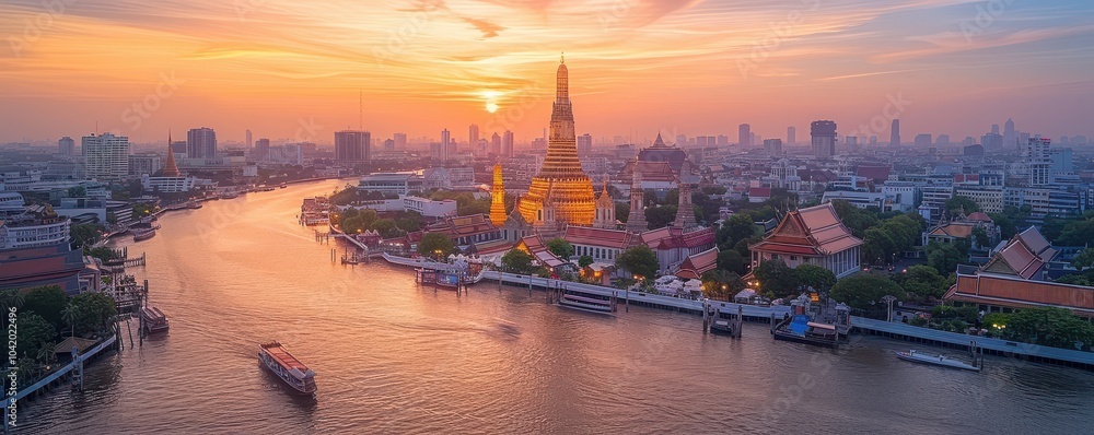 Stunning sunset view of Wat Arun temple in Bangkok, Thailand, with reflections on the Chao Phraya River. Free copy space for text.