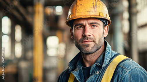 Focused and determined a close-up portrait of a construction worker in a hard hat capturing the spirit of the industry