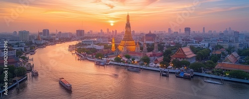 Obraz na płótnie Stunning sunset view of Wat Arun temple in Bangkok, Thailand, with reflections on the Chao Phraya River. Free copy space for text. w salonie